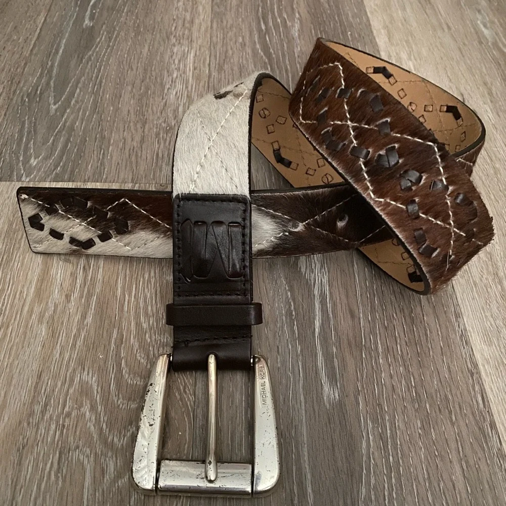 Michael Kors Western Genuine Cow Hair on-hide Leather Brown/White Belt - Size L
